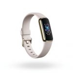 Product render of Fitbit Luxe 3QTR view, in Lunar White and Soft Gold.