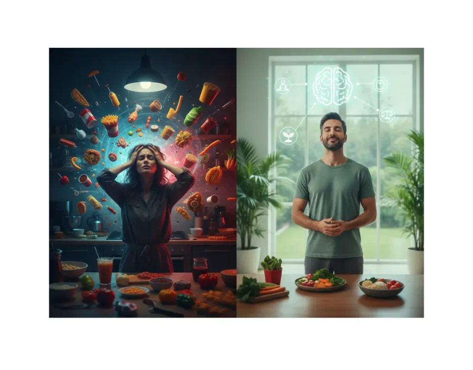 Ilustración sobre ruido alimentario y su impacto en la salud mental y el control del peso