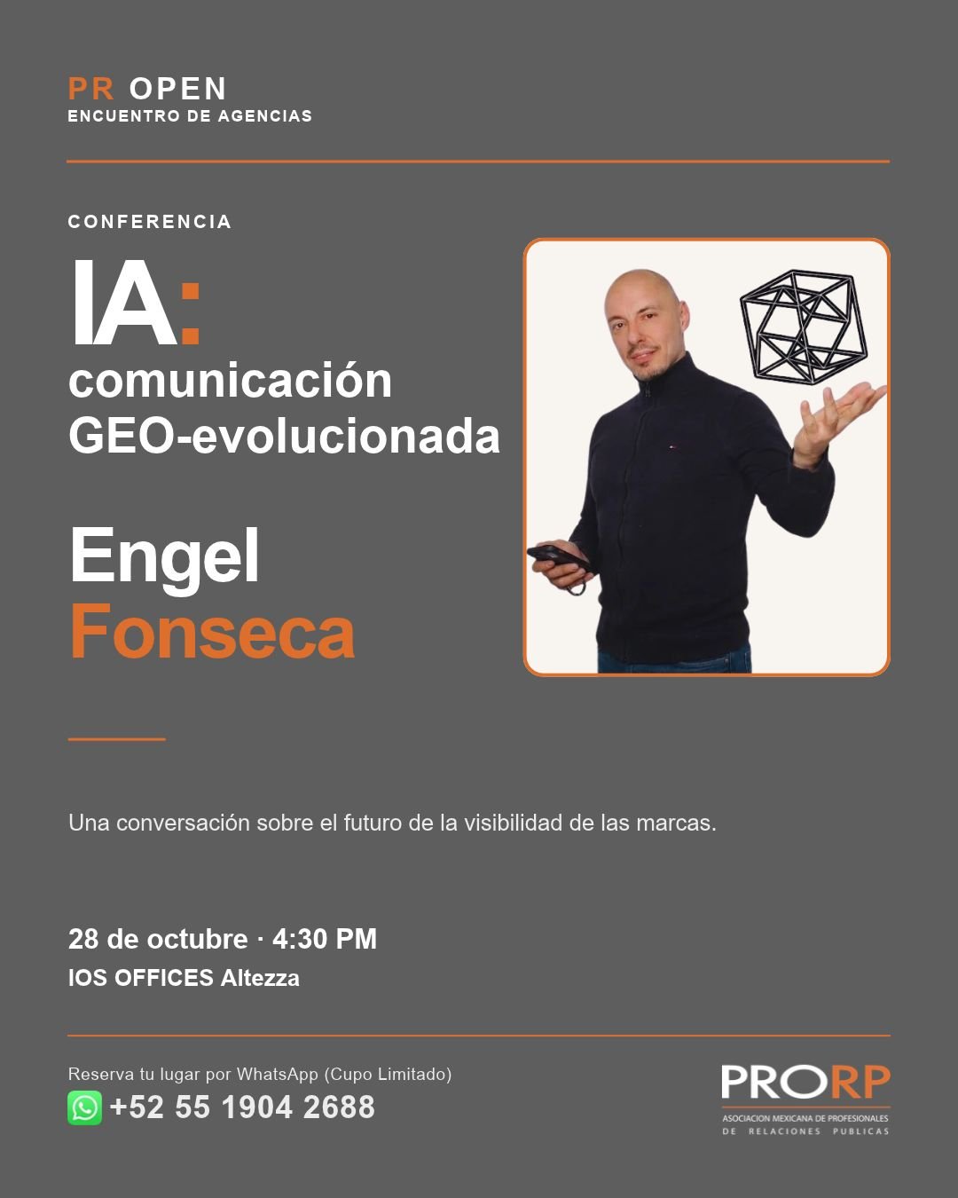 Flyer for Engel Fonseca’s keynote AI: GEO-Evolved Communication at PRORP’s PR Open