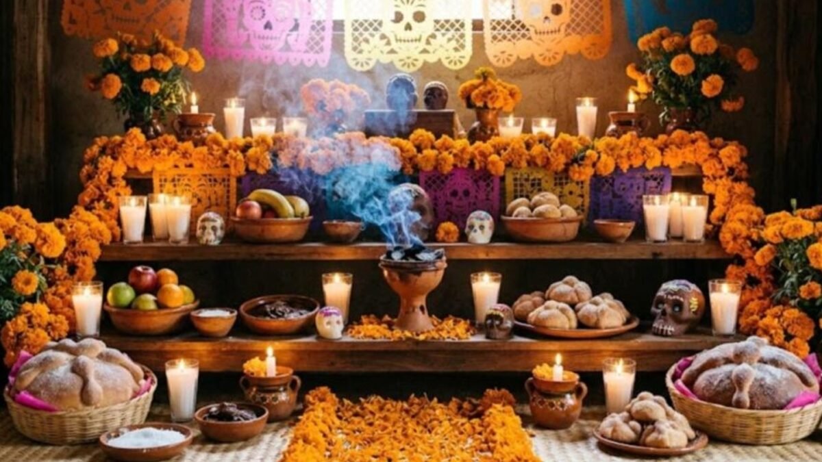 Altar de Día de Muertos con flores de cempasúchil, velas, pan de muerto y papel picado
