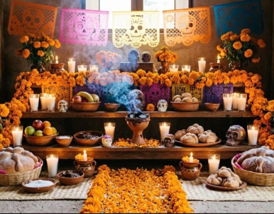 Altar de Día de Muertos con flores de cempasúchil, velas, pan de muerto y papel picado