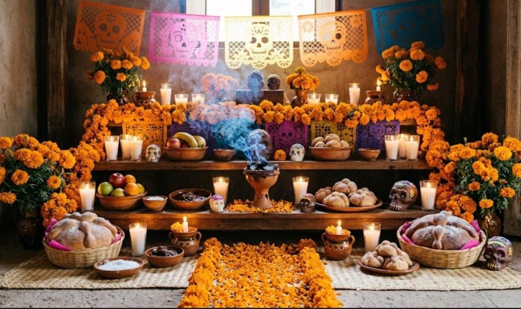 Altar de Día de Muertos con flores de cempasúchil, velas, pan de muerto y papel picado