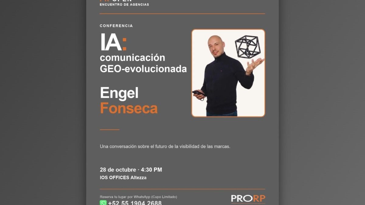 Flyer de la conferencia IA: comunicación GEO-evolucionada de Engel Fonseca en PR Open de PRORP, 28 de octubre, IOS Offices Altezza