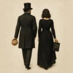 Ilustración de un hombre con sombrero de copa que lleva un cerebro en la mano y una mujer con el libro 2666 de Roberto Bolaño, caminando de espaldas