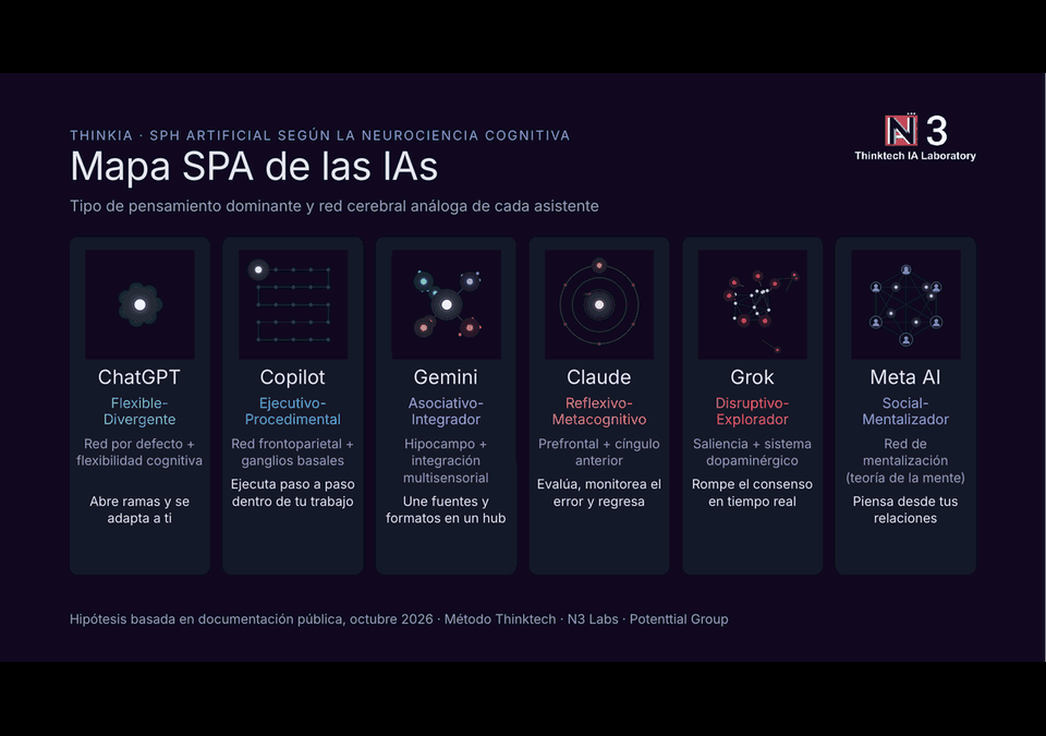 Mapa SPA de las IAs de N3 Labs: ChatGPT, Copilot, Gemini, Claude, Grok y Meta AI con su tipo de pensamiento y red cerebral análoga