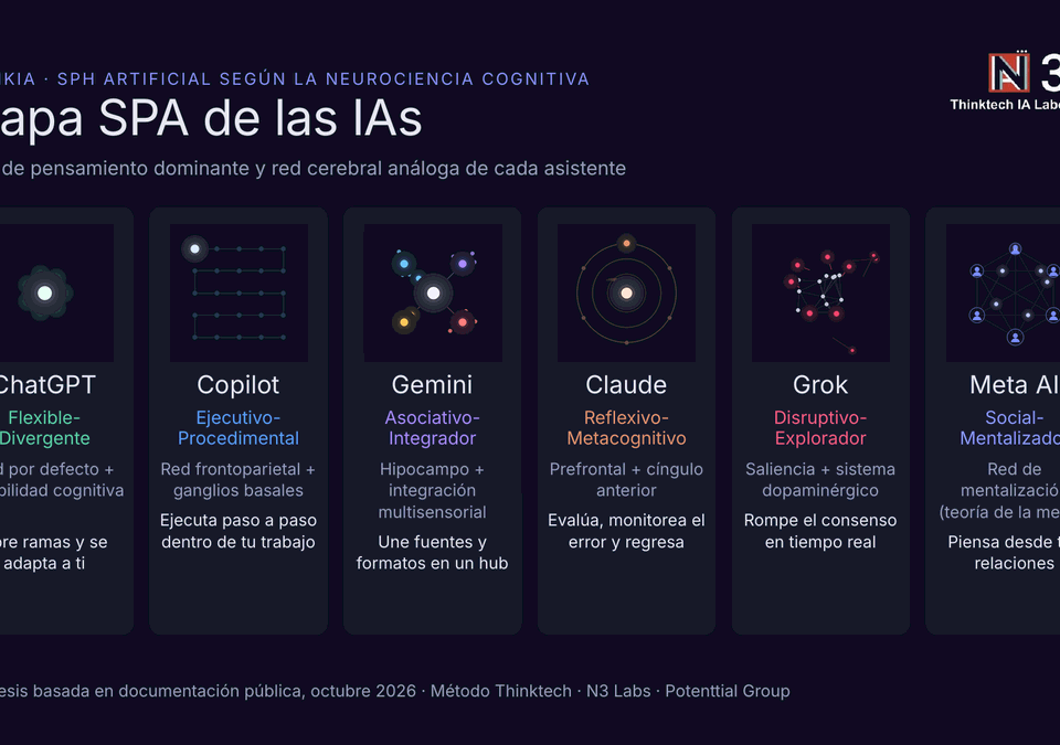 Mapa SPA de las IAs de N3 Labs: ChatGPT flexible-divergente, Copilot ejecutivo-procedimental, Gemini asociativo-integrador, Claude reflexivo-metacognitivo, Grok disruptivo-explorador y Meta AI social-mentalizador