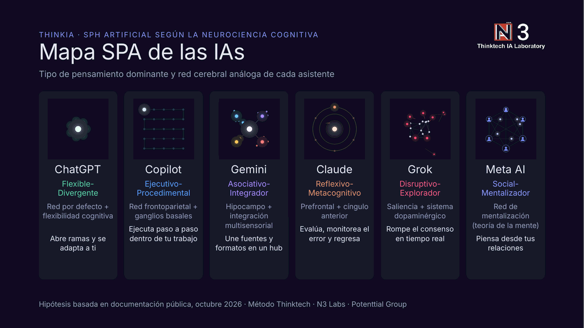 Mapa SPA de las IAs de N3 Labs: ChatGPT flexible-divergente, Copilot ejecutivo-procedimental, Gemini asociativo-integrador, Claude reflexivo-metacognitivo, Grok disruptivo-explorador y Meta AI social-mentalizador