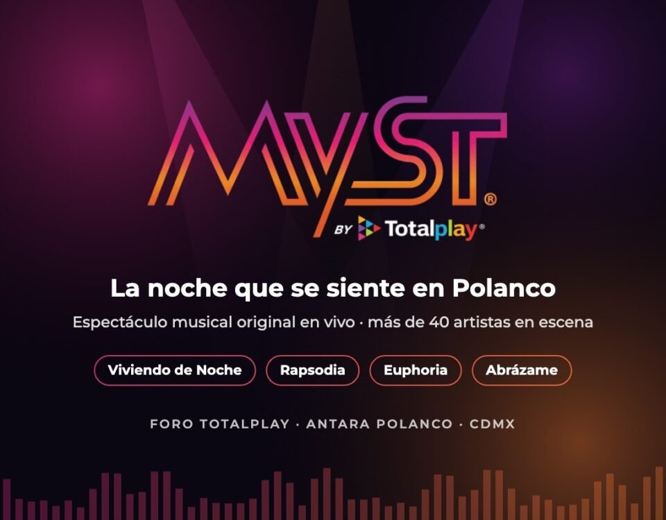 Logo de MYST by Totalplay con los shows Viviendo de Noche, Rapsodia, Euphoria y Abrázame en Foro Totalplay, Antara Polanco, CDMX